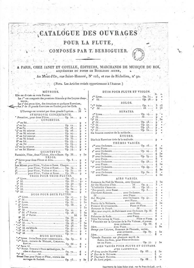 catalogue des œuvres de B T Berbiguier
